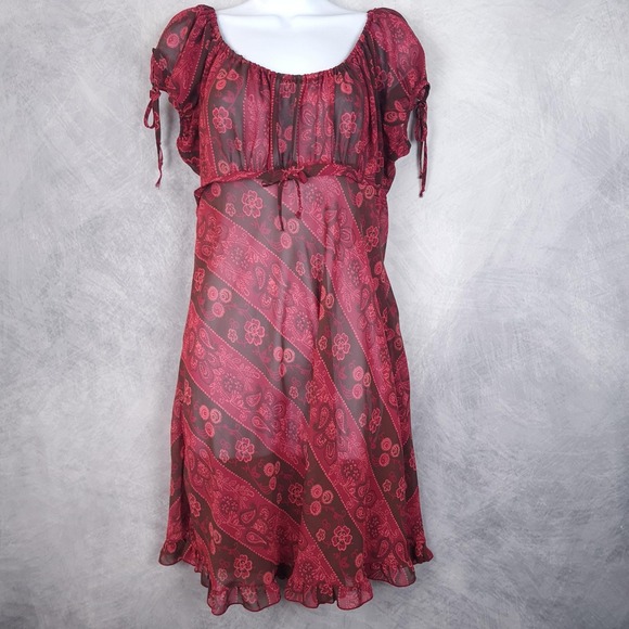 Cinema Etoile Dresses & Skirts - Vntg Whimsy Fairy Dress Womens Large Red Paisley Chiffon Sheer Babydoll Grunge